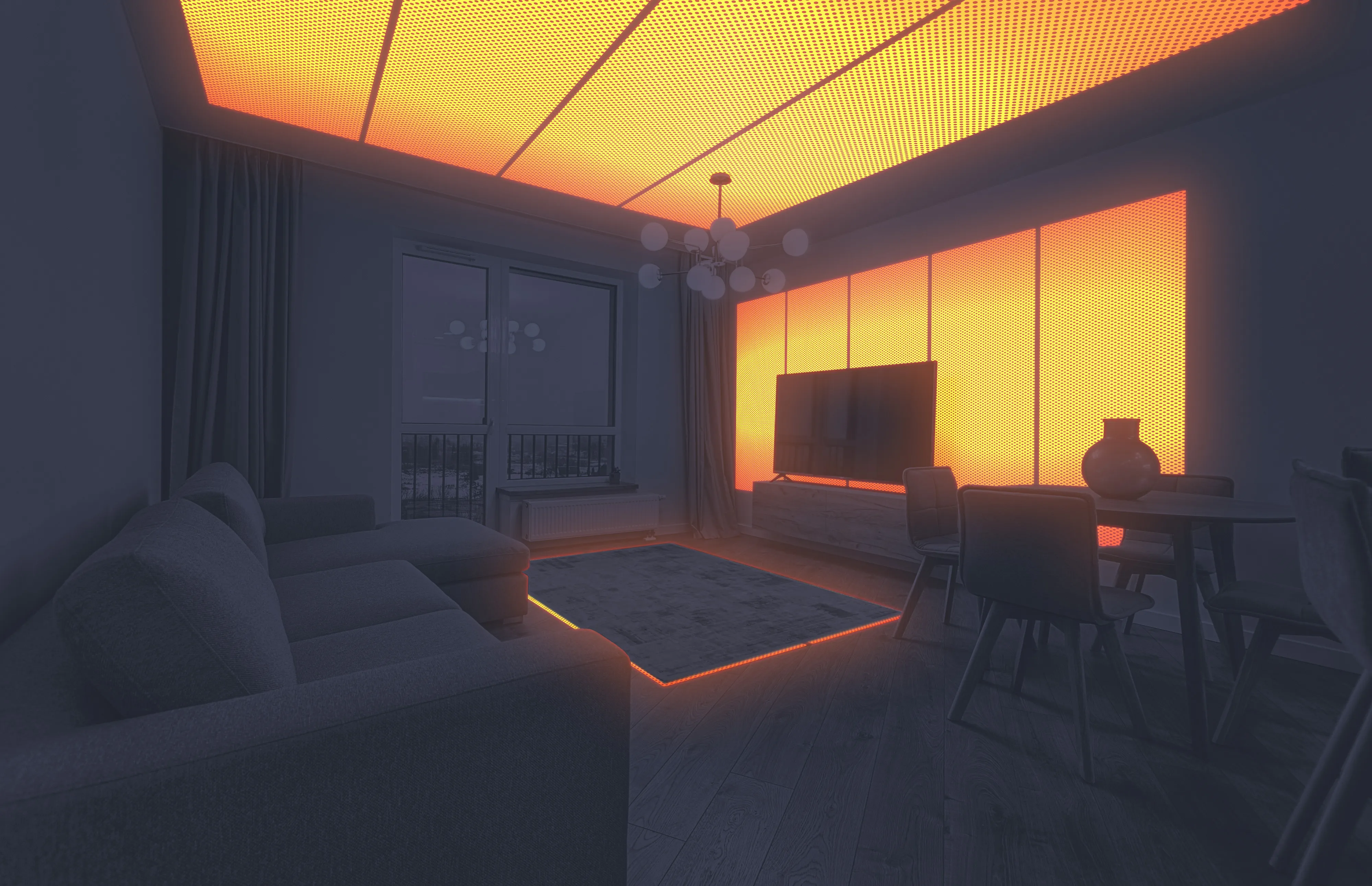 A living room where the surfaces themselves are the heat source