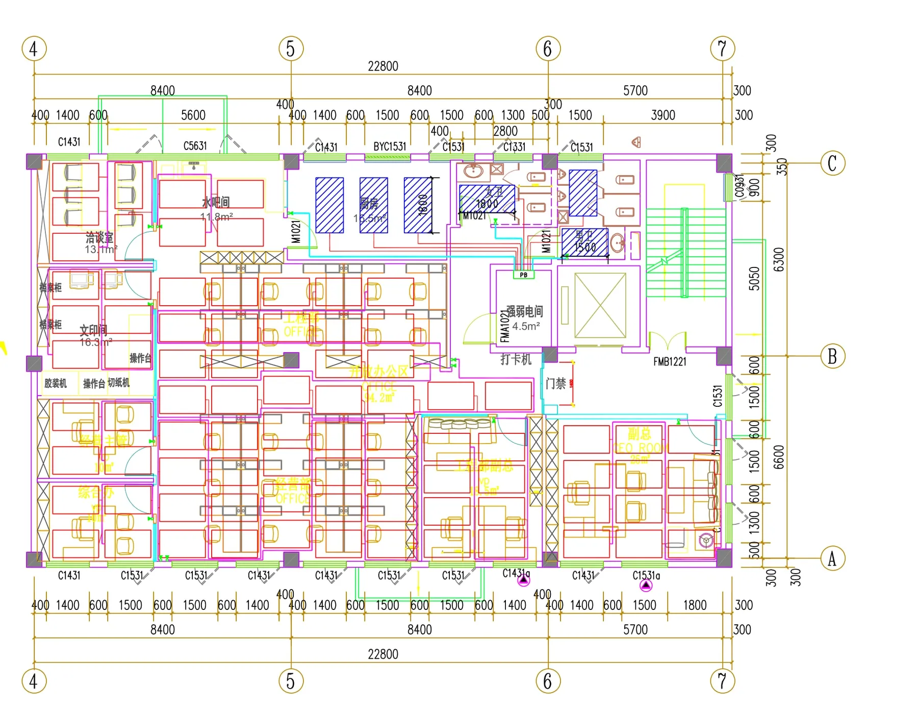 CAD layout drawing of an office floor with every heater, thermostat and cable run set out