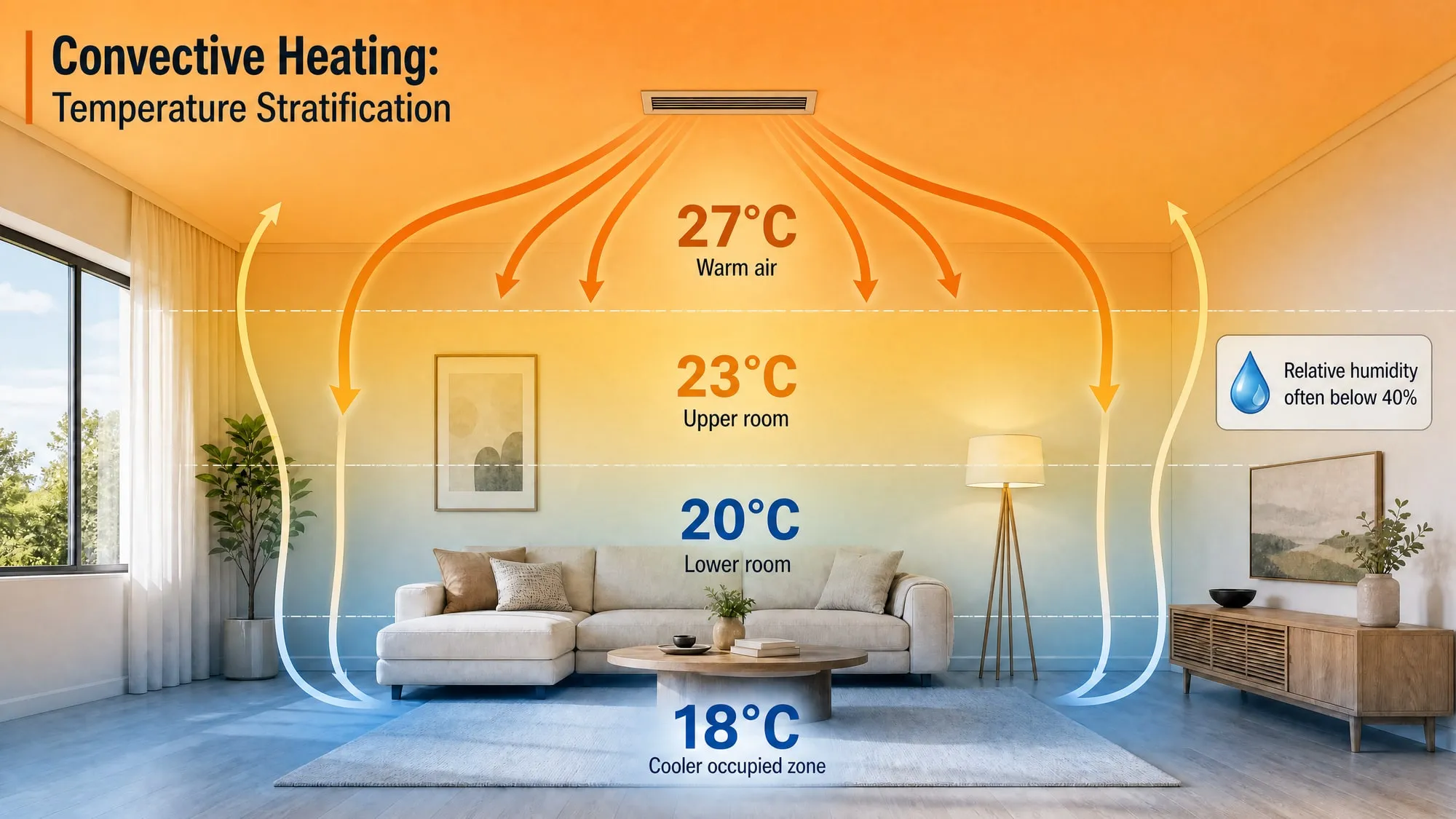 A living room heated by warm air: 27 °C at the ceiling, 23 °C in the upper room, 20 °C in the lower room and 18 °C in the occupied zone, with relative humidity often below 40 per cent