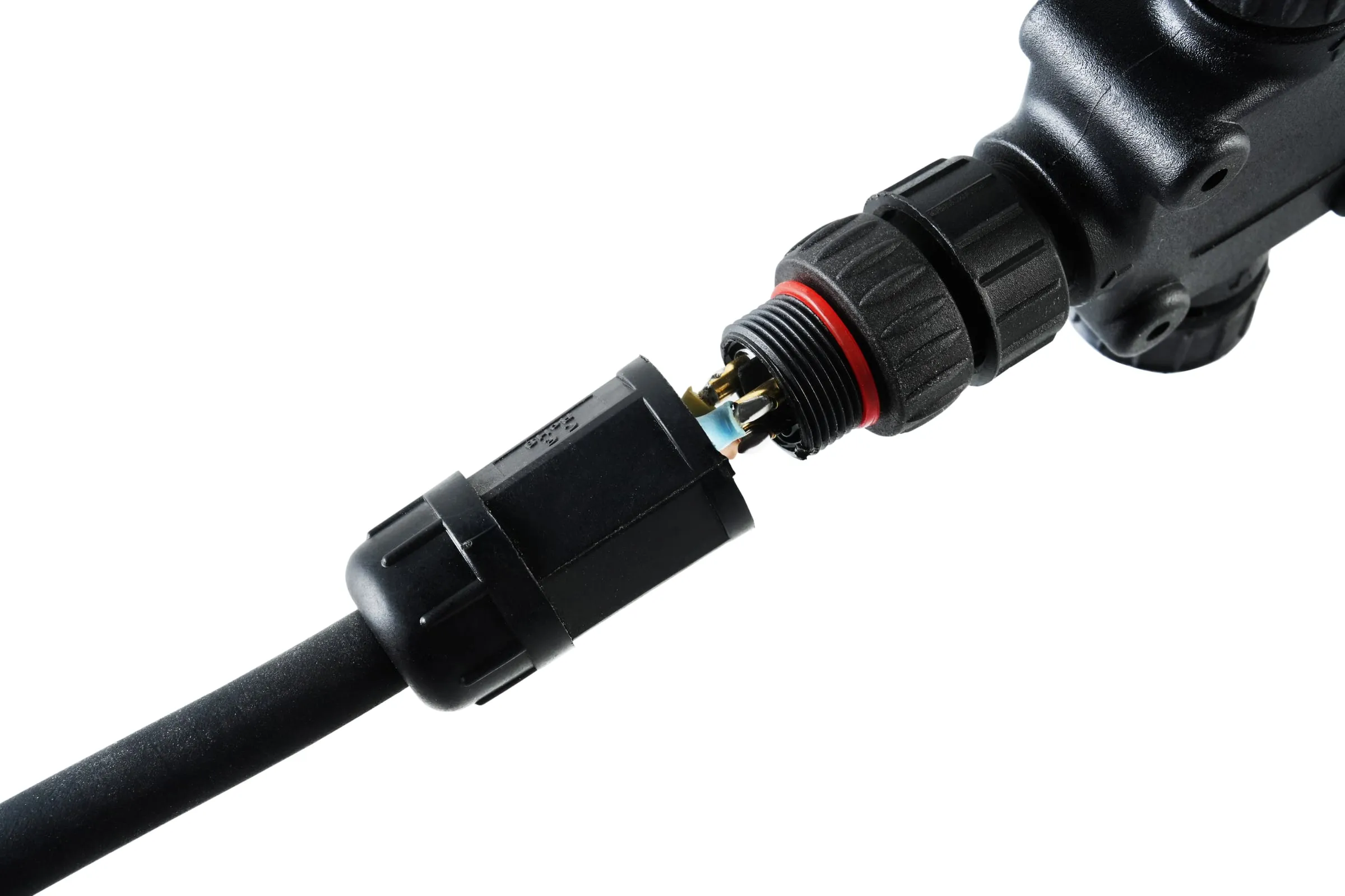A SafeTech EGS waterproof plug-and-play connector part-way joined