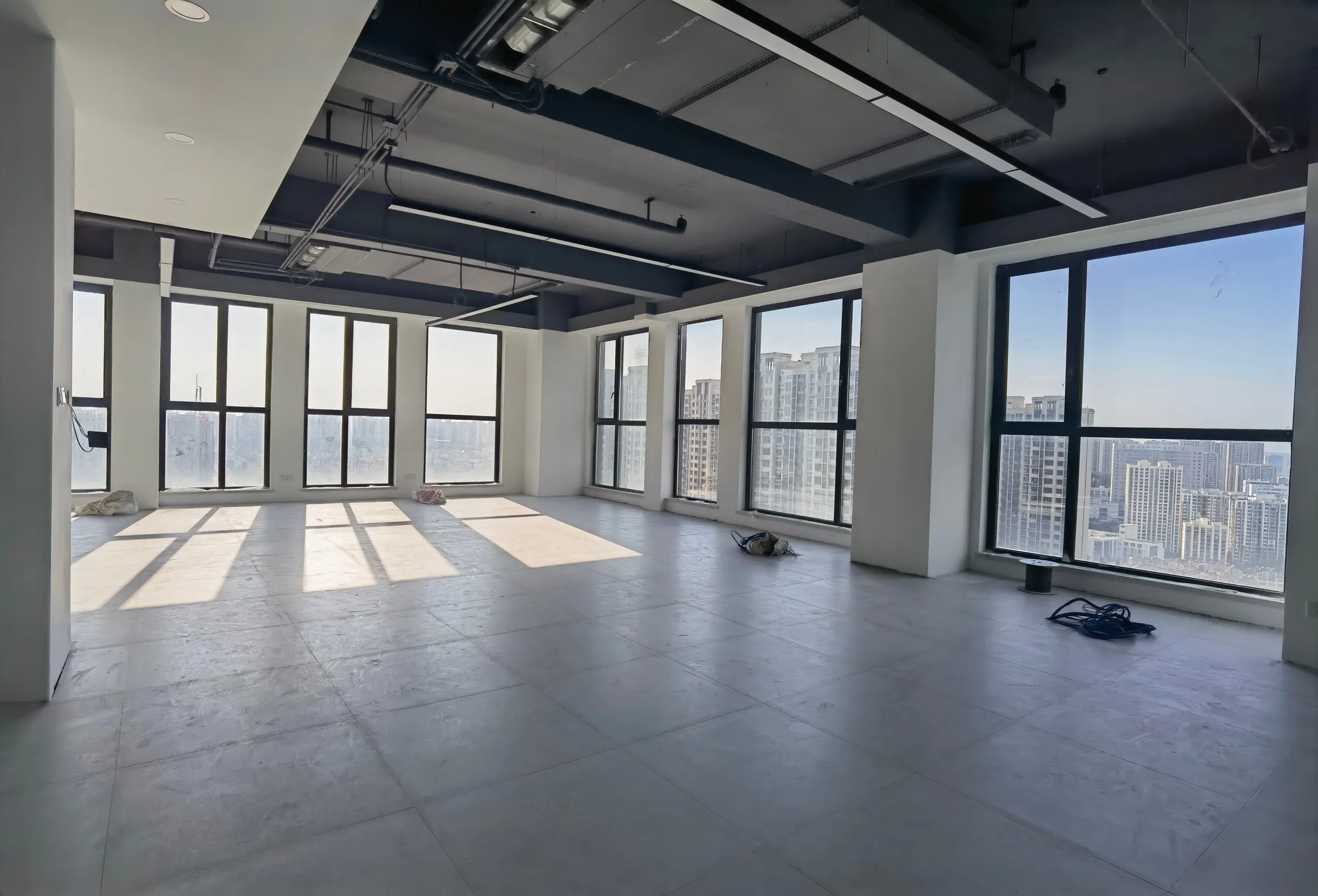 A finished open-plan office with heating built into the floor