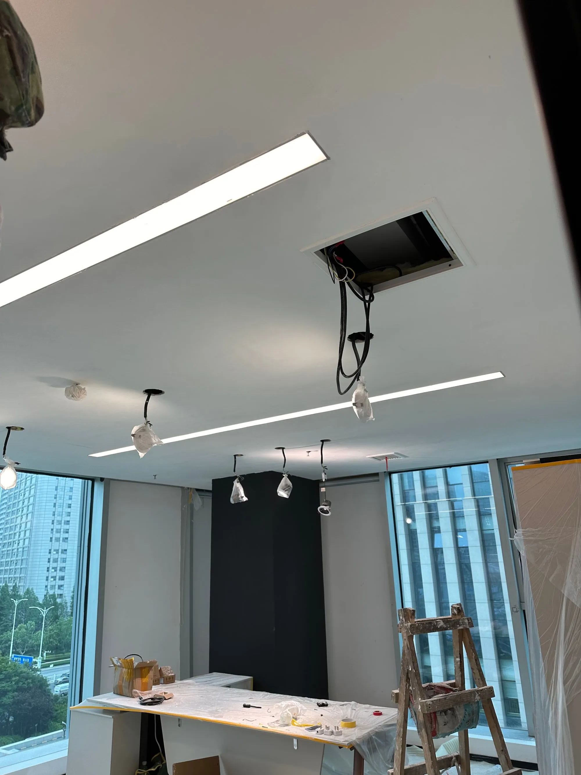 A finished office ceiling with PowerBoard 250 panels invisible behind the plaster