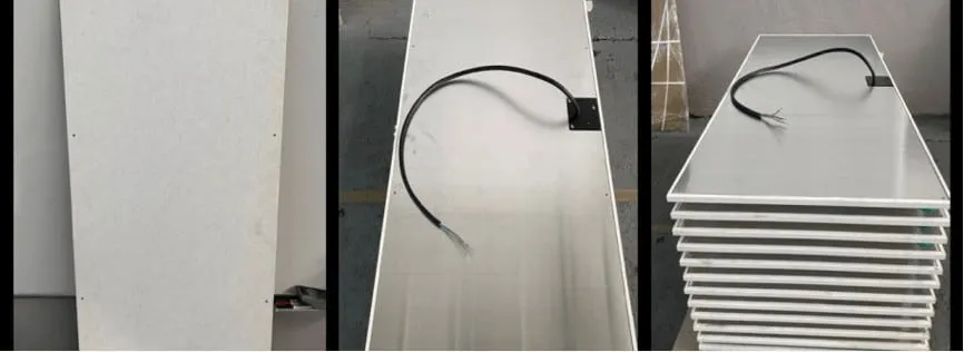 Three views of a PowerBoard panel: the finished face, the cable tail on the back, and a stack ready for installation
