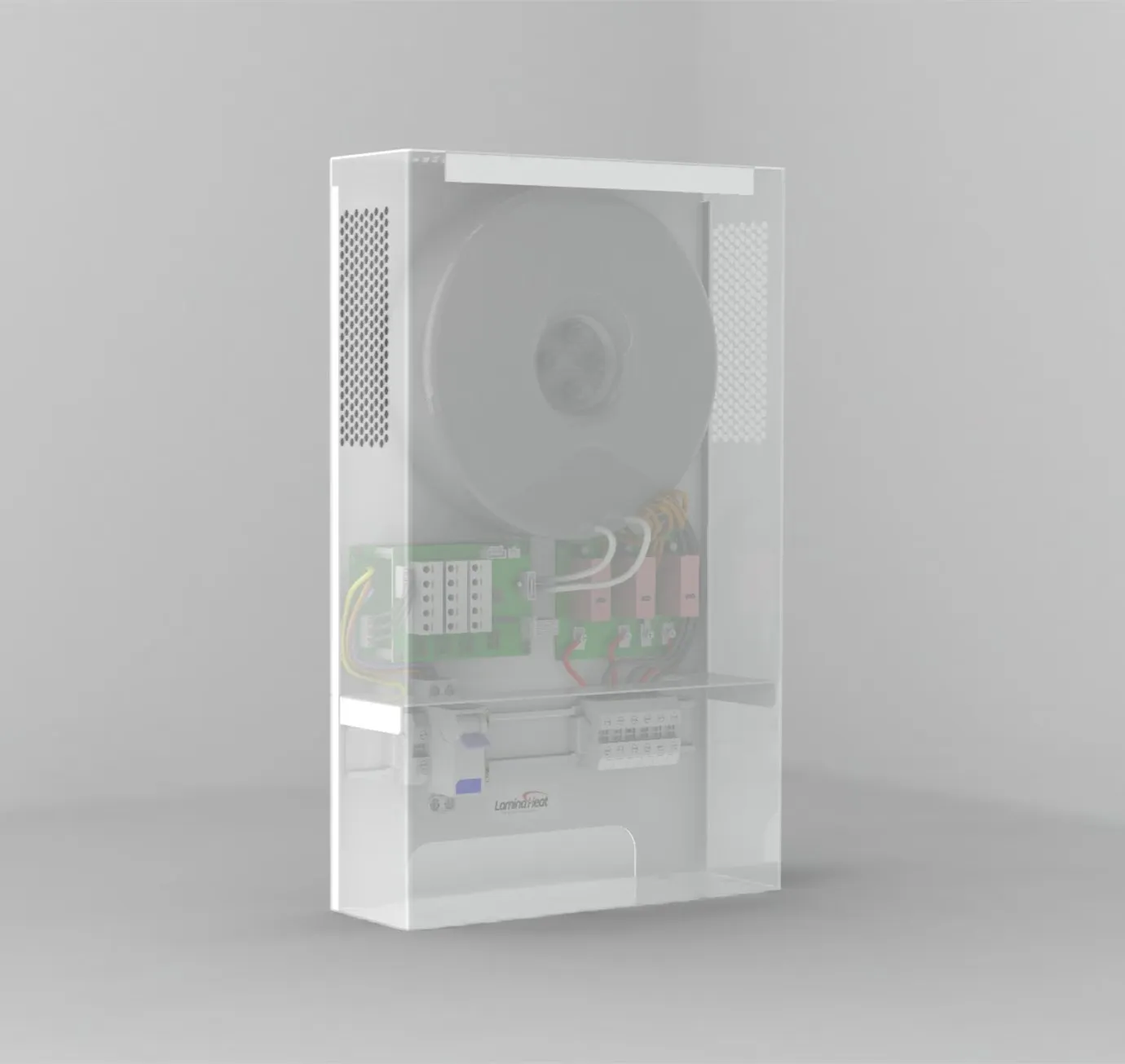 Transparent render of the LaminaHeat Multi Zone Power Supply showing the toroidal transformer, control board and breaker