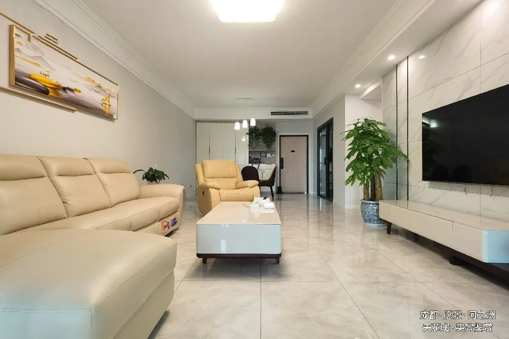 A finished living room heated by infrared elements hidden in the walls and ceiling
